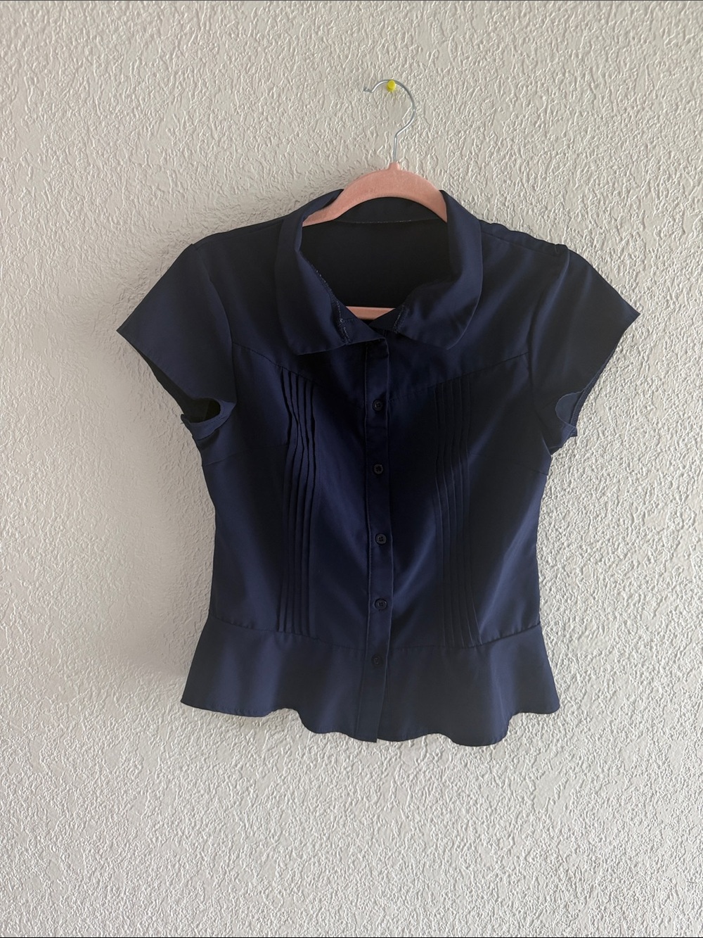 SHEIN Navy Pintuck Short-Sleeve Button Blouse
